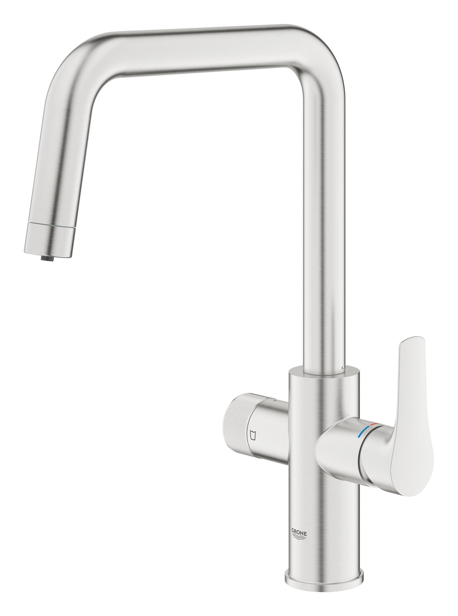 GROHE Blue Pure Eurosmart – Grifo con filtro de agua de 3 vías (caño alto en U, giro 150°, mando de filtrado, cartucho cerámico 28 mm, latiguillos 3/8", requiere set de filtrado), Supersteel, 30583DC0