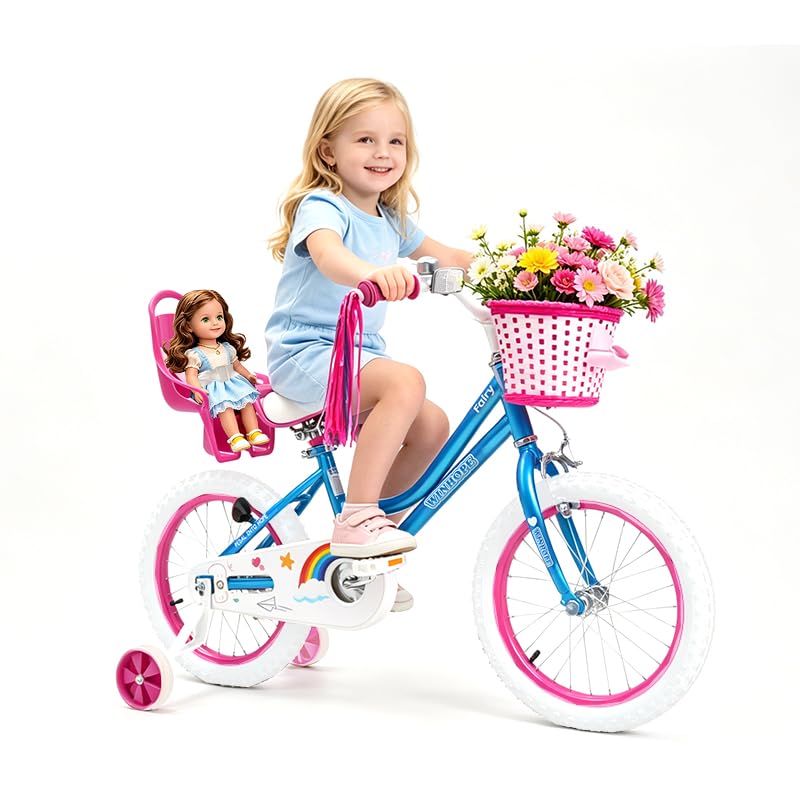 Image of WinHope Girls Bike with Doll Seat, 12 14 16 18 20 Inch Kids Bike for 2-12 | Dual Brake with Training Wheels / Kickstand & Streamers Birthday Gift for Toddler Outdoor Riding, Multiple Colors