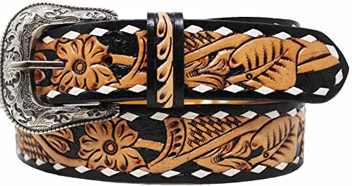Western Floral Tooled Buckstitch Leather Belt 26FK16N2