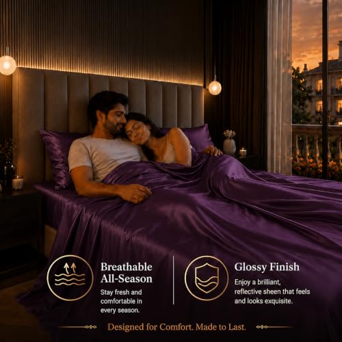 Image of Cloth Fusion Flat Satin Bedsheet Super King Size 108x108 inch | Wine, 2 Pillow Covers, 300 TC, Glossy Finish, Smooth on Hair and Skin, Gift for Couples, Wedding & Anniversary