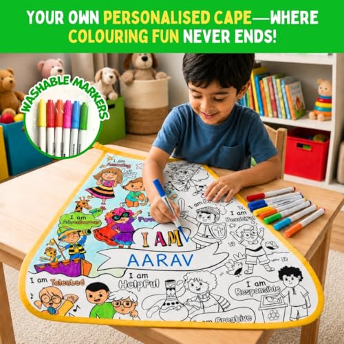 Image of PepPlay Affirmation Cape Coloring Kit - Positive Affirmations Cotton Cape + Eye Mask + 6 Washable Markers | Personalised Confidence Building Pretend Play | Reusable Birthday Gift for Boys Girls Age 4-8