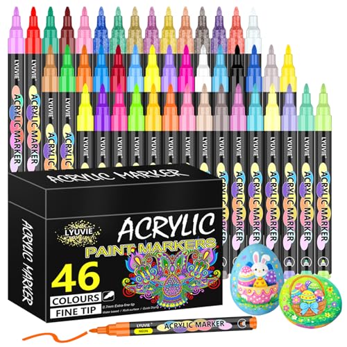 Lyuvie Feutre Acrylique, 46 Couleur Marqueur Peinture Acrylique pour Textile Verre Galets Métal Tissu Bois Céramique, Permanent Stylo Peinture avec Pointe Extra Fine de 0,7 mm