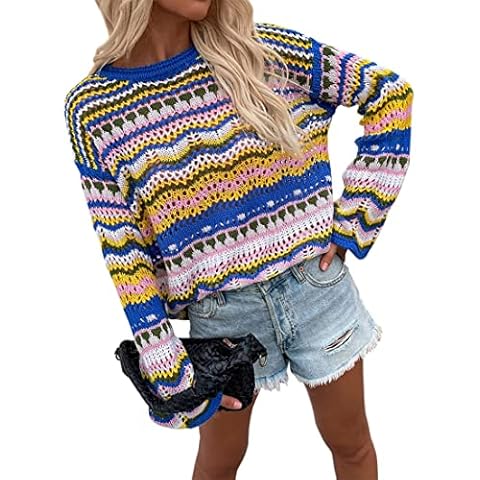 Crochet Sweaters for Women Hollow Out Pullover Crop Sweater Tops Flared Long Sleeve Rainbow Striped Colorful Knit Casual Sweaters Blue XL Cover