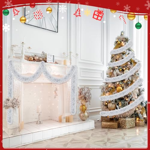Image of 50ft Silver & White Christmas Tinsel Garland - Metallic Tinsel Glitter Twist Garland Hanging Streamers for Indoor /Outdoor Decor Xmas Tree Garlands Decorations