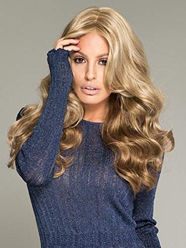 Brianna Wig Color GOLDEN NUTMEG 15" Wavy Long Layers Soft Bangs Synthetic Lace Front Monofilament Top Beach Waves Natural Hairline Bundle MaxWigs Hairloss Booklet