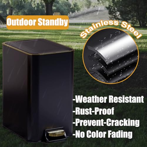 Image of Dog Poop Trash Can Outside Stainless Steel - Metal Pooper Scooper Set - 12L Dog Waste Trash Can Outdoor with Pedal - Backyard, Yard - Removable Inner Bin, Long Handle Tray and Rake - Black and Gold