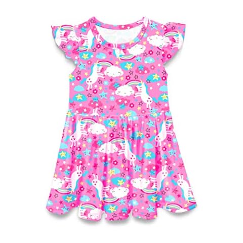 Yoriko Little Girls Cotton Casual Printed Rainbow Print Short Sleeve Skirt Dresses (Pink Unicorn, 3T) Cover