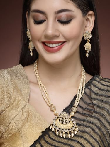 Image of Adiva Stylish Traditional Gold-Plated Kundan Stone Studded & Pearls Handcrafted Necklace with Earrings Jewellery Set for Women & Girls