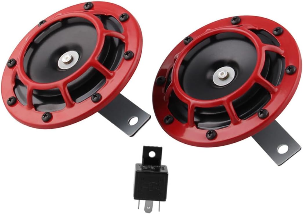 High Low Tone Car Horns 12v Super Loud Electric Whistle Horns Kit with Relay for Motorcycle and Auto Modification, Red Pair with Relay for Vehicle Replacement