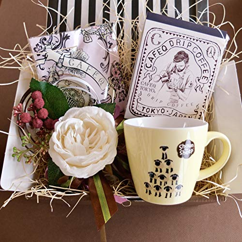 フラワーローズギフト(ショーンマグ&チョコレート&レギュラーコーヒー&薔薇コサージュ)/グレーラッピング (クリームイエローマグ)