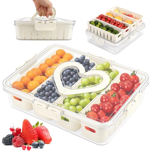 Snackbox mit 4 Fächern,Snackschale mit Deckel und Griff, Tragbar Snackbox Organizer,für Party,Picknick ,Trip,für Süßigkeiten Obst Keksen Dessert Gemüse Nüsse,Snackteller aus PP Spülmaschinenfest