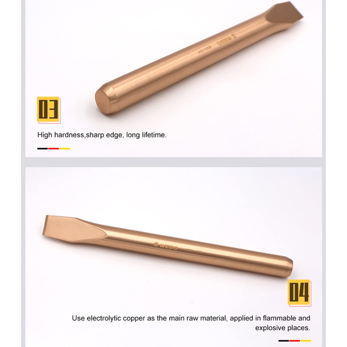 WEDO Scalpelli per Meccanico e Muratore,scalpello piatto da senza scintille,dimensione 14mmx160mm,berillio rame,non magnetico,resistente alla corrosione,Certificato BAM e FM,Certificazione GS