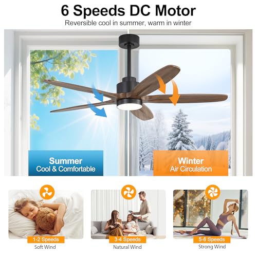 Image of WINGBO 54 inch Ceiling Fan with Light - 5 Carved Solid Wood Blades, 6-Speed Reversible DC Motor, Dimmable, 3CCT, Noiseless Remote Control Ceiling Fans with Lights for Bedroom Living Room, Black and Wood