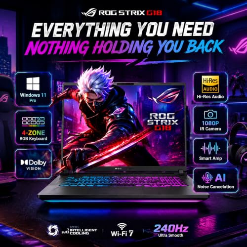 Image of ASUS ROG Strix G18 Gaming Laptop, 18 inch 2.5K 240Hz Nebula Display, Intel 24-Core Ultra 9 275HX, GeForce RTX 5070 Ti, 64GB DDR5 RAM, 4TB PCIe Gen4 SSD, Wi-Fi 7, RGB Keyboard, Windows 11 Pro