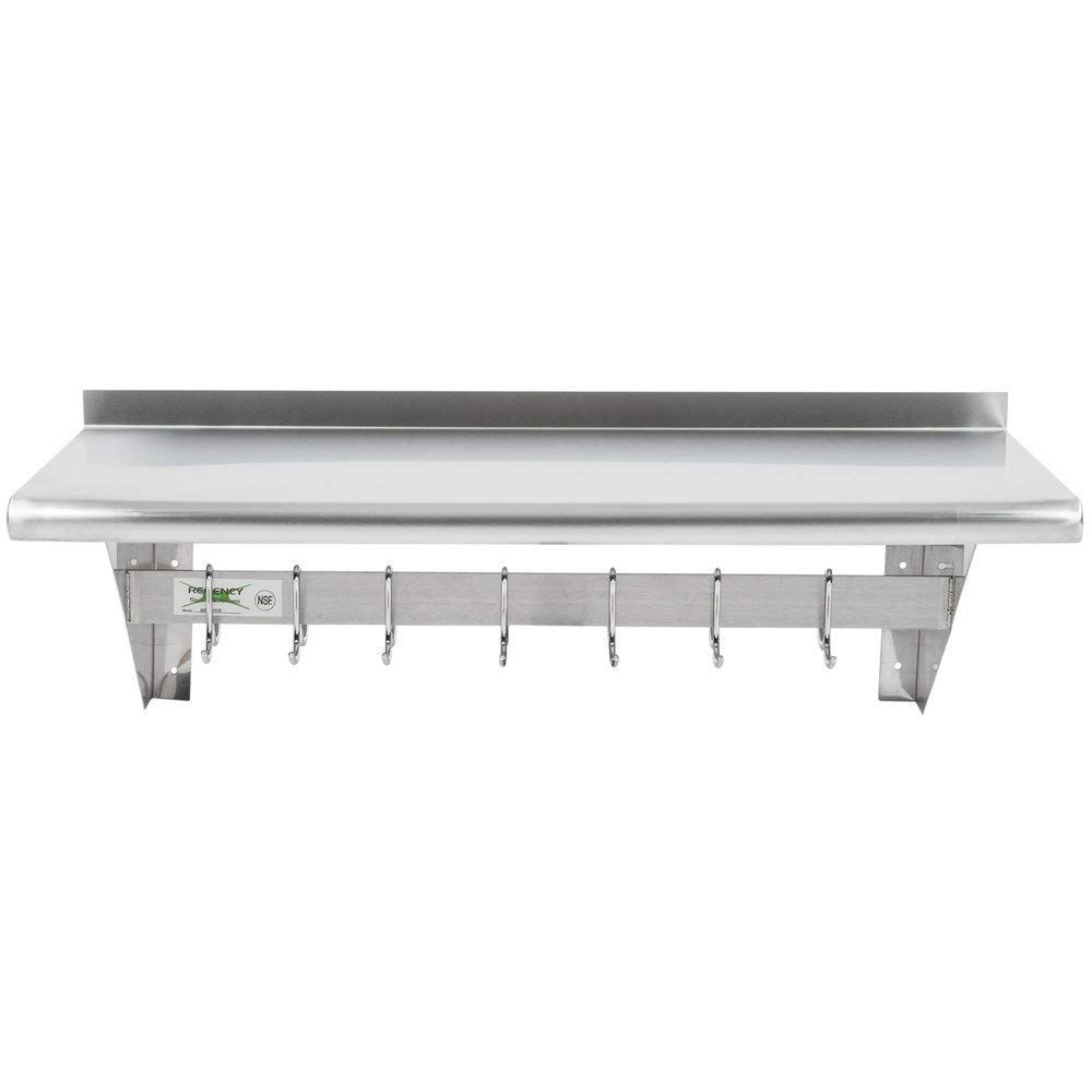 NSF Approved Stainless Steel Wall Mounted Pot Rack with Shelf and 18 Galvanized Hooks (15 X 36)