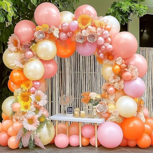 Image of Pink Orange Balloons Double Stuffed Pearl Balloon Arch Latex Rose Light Pink Nude Balloon Garland for Birthday Baby Shower Wildflower Wedding Bridal Shower Warmful Home Party Decoration