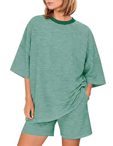 Image of Ythomm Striped Pajamas Shorts Sets Women 2 Piece Lounge Outfits Short Sleeve Tees Drawstring Shorts Summer Matching Pj Sets