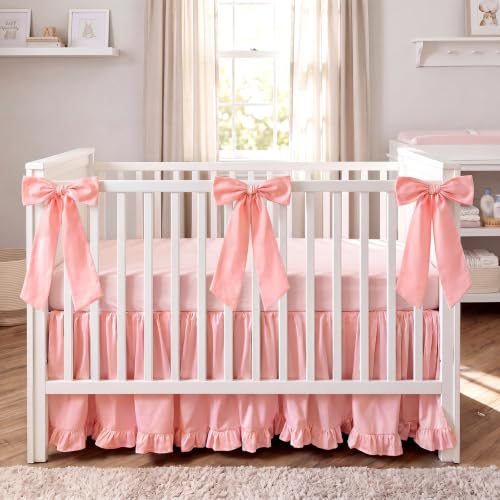 Image of Smoothnovelty Pink Crib Bed Skirts with 4 Large Cot Bow 28 inch x 52 inch, 14 inch Drop