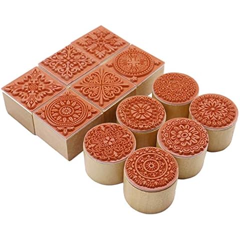 Fciqven 12Pcs Wooden Stamps Floral Pattern Rubber Stamp Round and Square Lace Wooden Rubber Stamp for Scrapbooking and DIY Craft Card Cover