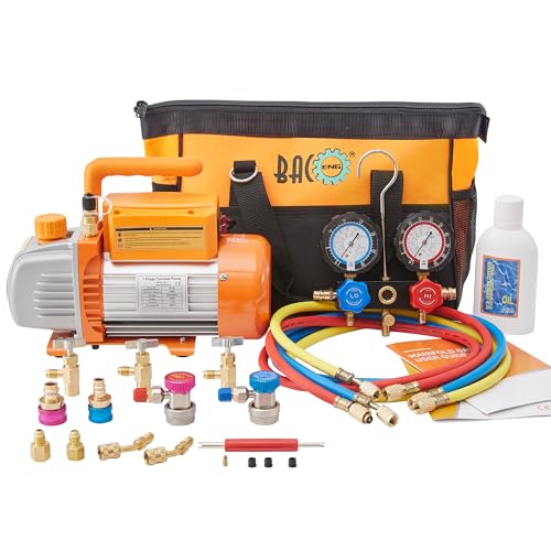 BACOENG 3CFM AC Vacuum Pump and Manifold Gauge Set 3 Way Manifold Gauge Kit Vacuum Pump for Mini Split/HVAC/AUTO with Heavy Tool Bag Diagnostic R1234yf R32 R134a R410a
