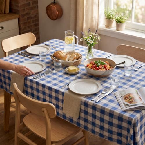 Image of Party Dimensions Blue Gingham Disposable Plastic Tablecloths for Rectangle Tables, 54 inch x 108 inch, 12-Pack, Plastic Table Covers for Parties, Picnics, Events, Indoor & Outdoor Use