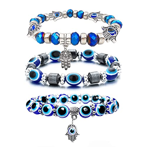 CJIAYUJEW 3pcs Evil Eye Bracelet Chakra Crystal Bracelets Set,Evil Eye Hamsa Blue Beaded Charm Stretch Bracelet for Blessing