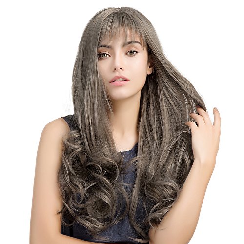 HAIRCUBE Wigs for Women 24" Long Curly Heat Resistant Synthetic Lovely Wigs with Neat Bangs