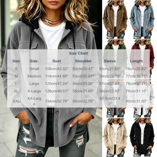 Womens Corduroy Jacket Hooded Button Down Chest Pockets Work Casual Shacket | Oversized Comfort Hoodies, Loose Fit Tunics, Soft Ribbed Texture, Flannel Shirts, Hood with Drawstring, Fall Winter Layering - image 5