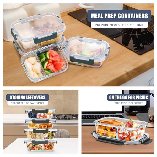 Image of GULFLIN 2 & 3 Compartment Meal Prep Containers - Glass Food Storage Lunch Containers with Lids, Bento Box, Portion Control, Freezer to Microwave Safe