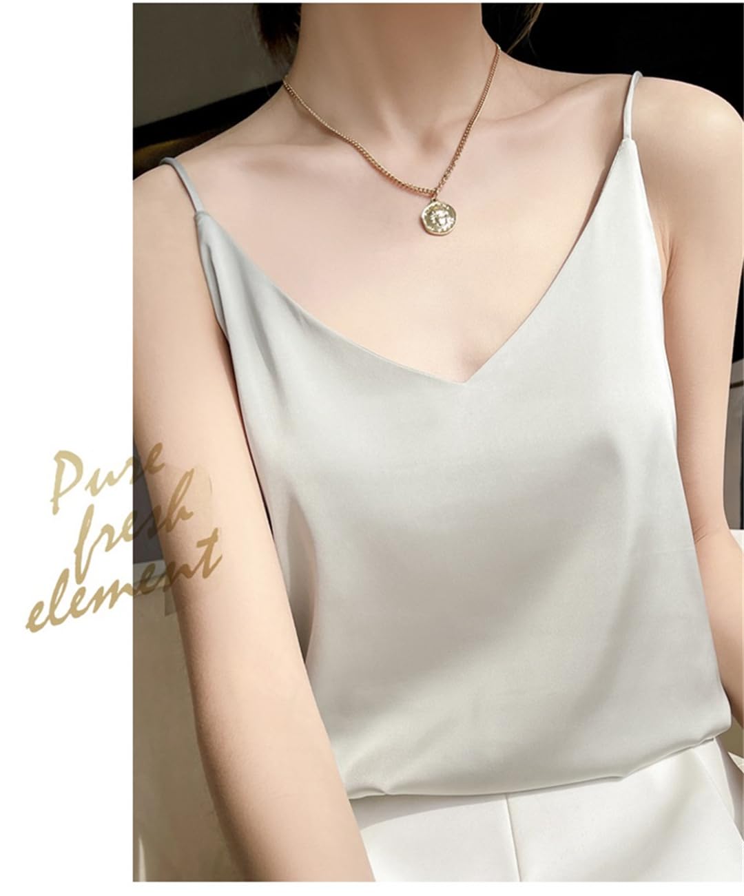 Camisola de verano con tirantes delgados para mujer, cuello en V, básica, color blanco, sin mangas