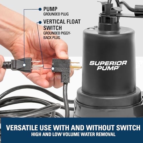 Image of Superior Pump 92057 1 /2 HP Thermoplastic Submersible Sump Pump with Vertical Float Switch, plus 1-1 /2-Inch Rubber Boot Check Valve