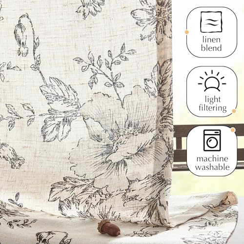 Image of jinchan Floral French Door Curtain Farmhouse Linen for Sliding Glass Door 72 Inches 1 Panel with Tieback Light Filtering Curtain for Window Patio Rod Pocket Black on Linen
