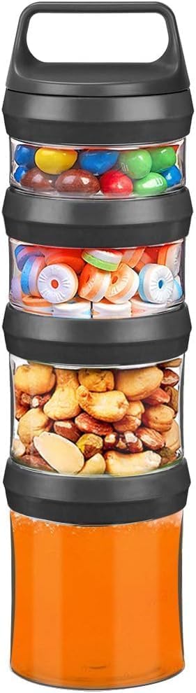 hiyon stackable snack jars, twist lock stackable containers set, food storage travel container for storing milk protein powder snacks, bpa free, 4-piece for 1 pack (black, total 31oz)