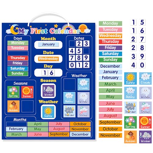 42 PCS-My First Daily Magnetic Calendar for Kids Learning-Weather, Date,Month,Day,Seasons,Days of the Week Toddler Calendar-Preschool Classroom Calendar for Wall-16.9x12.6 in with Easy Hang Loop(Blue)