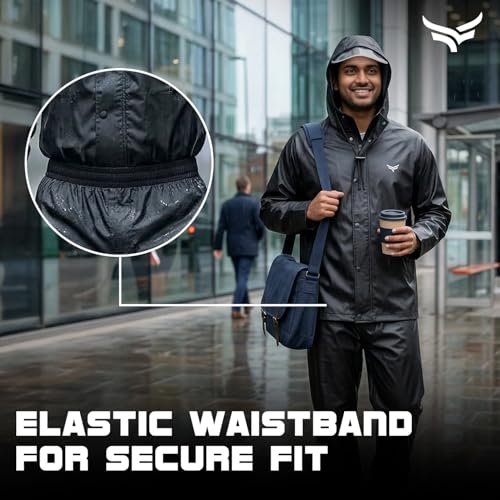 Image of XTRIM Raincoat, Waterproof Jacket with Hood, Zipper, Snap Button, Black | Pants with Elastic Waist, Pocket, Reflective Trim for Biking & Travelling