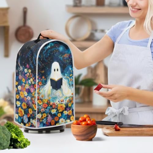 Image of Floral Ghost Book Blender Dust Cover, Anti Fingerprint Polyester Stand Mixer or Coffee Maker Appliance Protector, Machine Washable Halloween Blender Cover for Kitchen Appliance