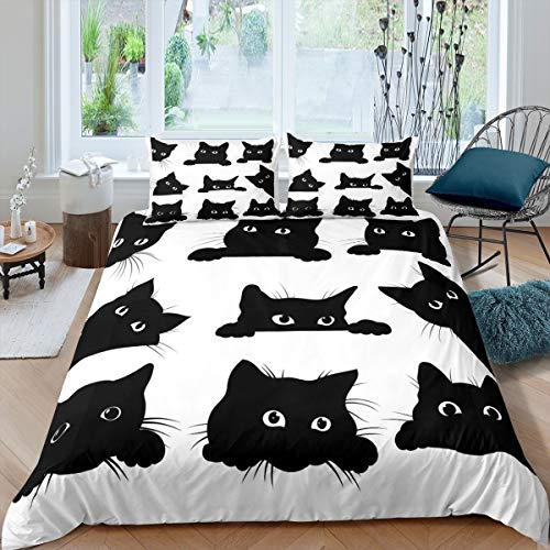 Loussiesd Black Cat Bedding Set for Kids Boys Girls Pet Cats Pattern Duvet Cover Cute Kitten Print Comforter Cover 3D Animal Theme Quilt Cover Bedroom Decor 3Pcs Bedcloths Double Size White - Image 4