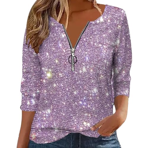 Hefiauo Mujer Camiseta Lentejuelas con Cremallera Cuello V Manga Larga Blusa Primavera Otoño Fiesta Blusa Vintage Color SóLido Pullover Paty Trajes de Noche para Club de Cóctel Moda Túnica Tops