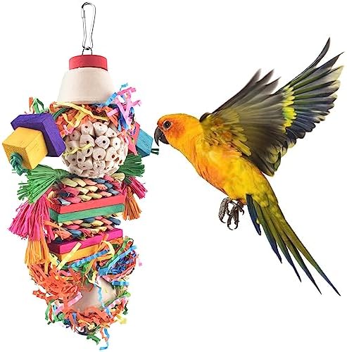 Bissap Conure Toys, Bird Parrot Foraging Shredder Hanging Toys Sola Balls Wooden Block Tassels with Bell for Small Parrots Parakeets Conures Cockatiels Love Birds Cage Toy