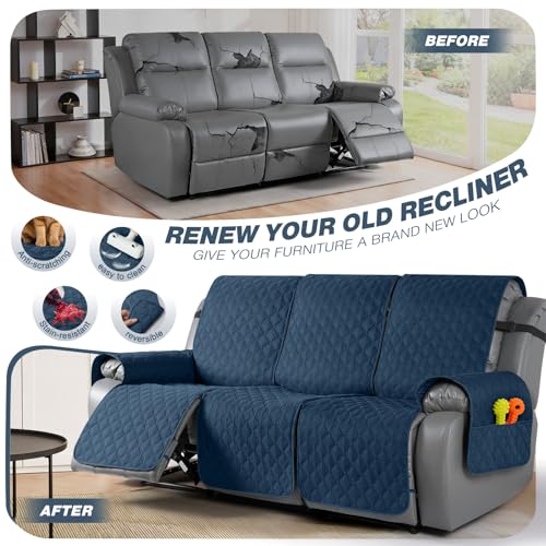 Image of TAOCOCO 100% Waterproof Recliner Covers, Recliner Sofa Covers with Leg Straps, Reversible Recliner Couch Cover for Reclining Chair, Washable Couch Protector for Pets Kids(3 Seater, Ocean Blue)
