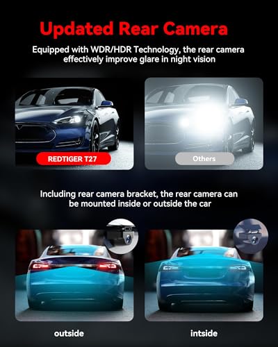 Image of REDTIGER T27 Mirror Dash Cam,Front and Rear Mirror Camera with 4K+2.5K,11 Inches UHD Touch Screen Rearview Mirror for Car,32GB Card Included,GPS,Night View,Parking Mode