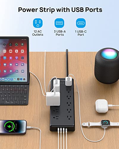 Surge Protector Power Strip - Trond 12 Widely-Spaced Outlets With 4 Usb Ports (1 Usb C), 5 Ft Flat Plug Extension Cord, 4000J, Etl Listed, 14Awg Heavy Duty, Wall Mount For Home Office Garage #TOP1