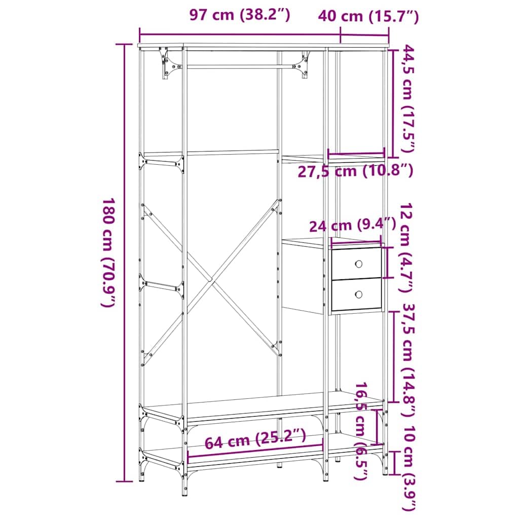 Kleiderständer mit Ablagen aus Holzwerkstoff und Metall Schwarz 97x40x180 cm freistehend mit Rollen, höhenverstellbar, platzsparend für Schlafzimmer