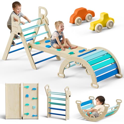 Image of BlueWood Pikler Triangle Set, Toddler Climbing Toys Indoor, 7in1 Foldable Baby Climbing Toys- Sky Blue