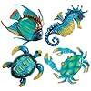 Dreamskip metal beach wall decor art ocean themed sea turtle fish seahorse crab coastal wall sculpture nautical outdoor decor for garden fence patio pool bathroom 4 pcs  urban country home decor