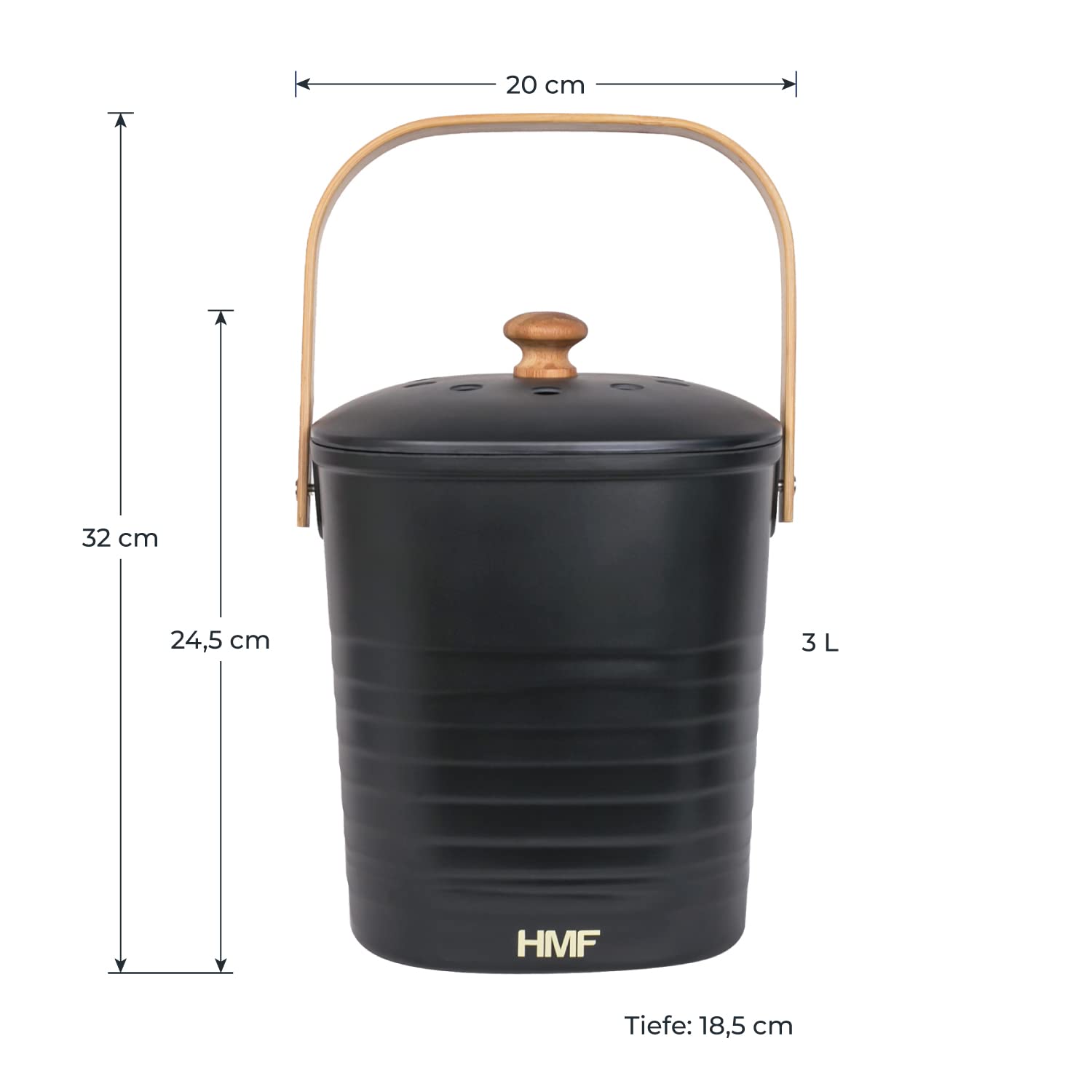 HMF Sustainable Organic Kitchen Waste Bin, 3L, Black (Bamboo Fiber, Corn Starch) - Image 4