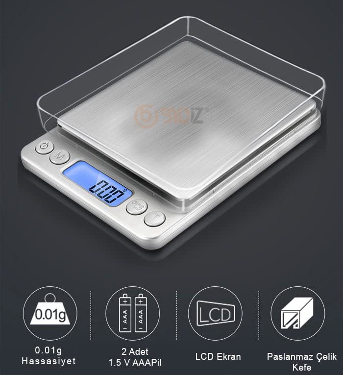BYDİZ Dijital Ekran Kuyumcu Mutfak Eczane ve Epoksi Uygun Hassas Terazi 500 Gr. Kapasite /0.01 Gr. Hassasiyet Tartı Professional Lcd Ekran