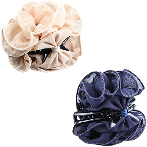 Polytree 2pcs Women's Chiffon Rose Flower Bow Hair Clip (Beige Navy)