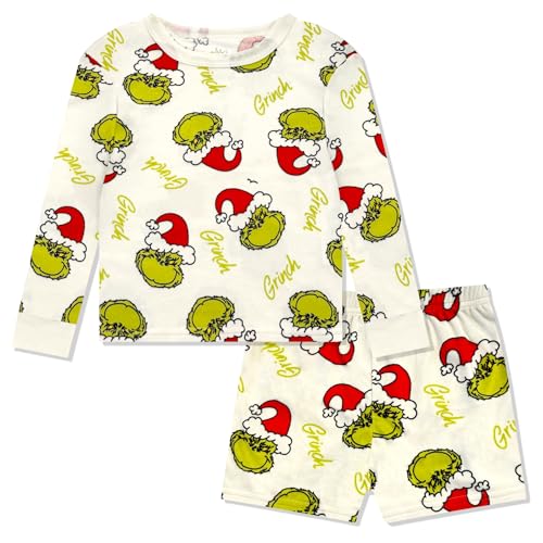 Dr. Seuss The Grinch Pajamas Girls 2-Piece Matching Set - Kids Soft Christmas PJs Loungewear - Long Sleeve & Shorts - Official Product White