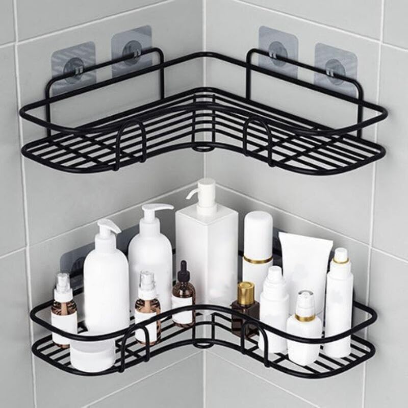Generic 2 Pack Corner Shower Caddy Modern Compact Black Shower Shelves with 2 Hooks No Drilling Space-Saving Bathroom